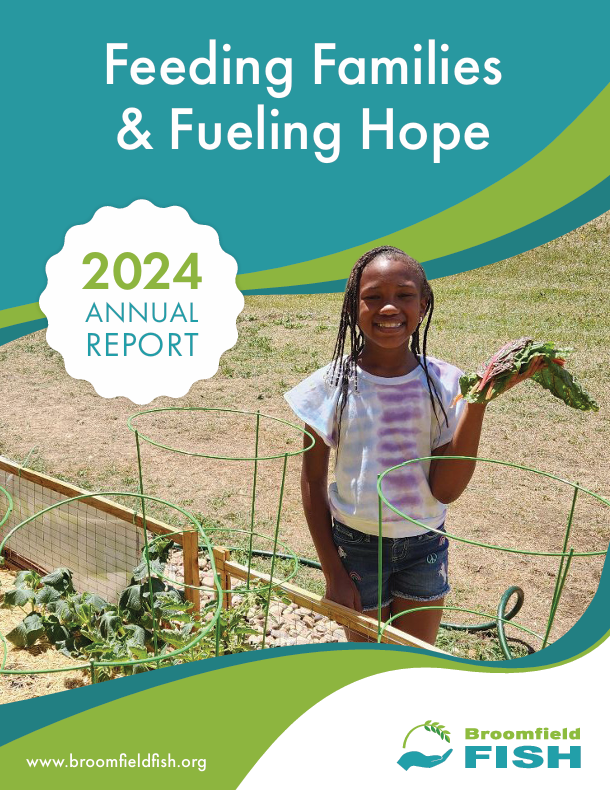 The front cover of the 2023 Broomfield FISH Annual Report showing a FISH volunteer helping a child play a board game at a community event.